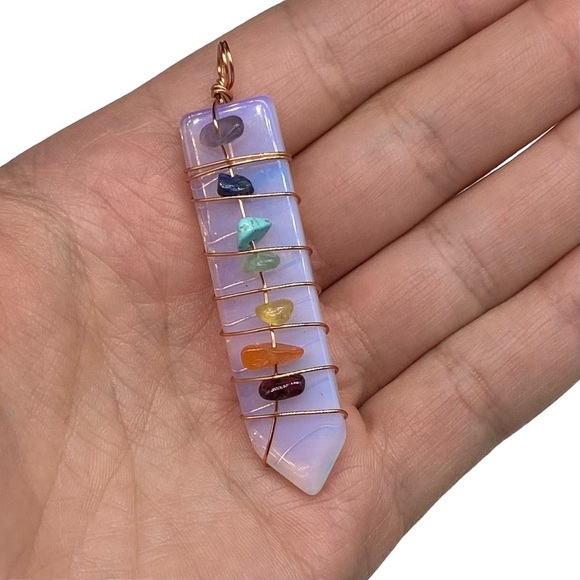 Opalite Copper Wire Wrapped Necklace Pendant Crystal 7 Chakra Chakras Stone - Picture 1 of 3